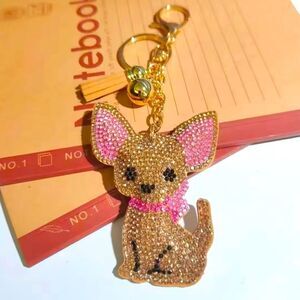 NEW! Sparkling Bling Pink & Brown Chihuahua Charm With Tassel Purse Key Ring 💗